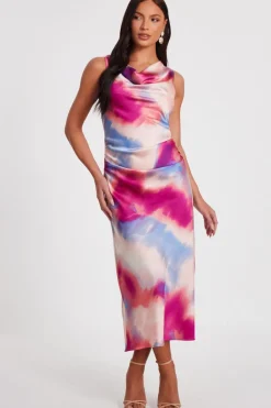 Quiz Pink Satin Tie Dye Midi Dress New