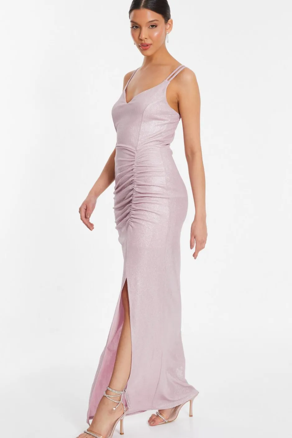 Quiz Pink Shimmer Ruched Maxi Dress Hot
