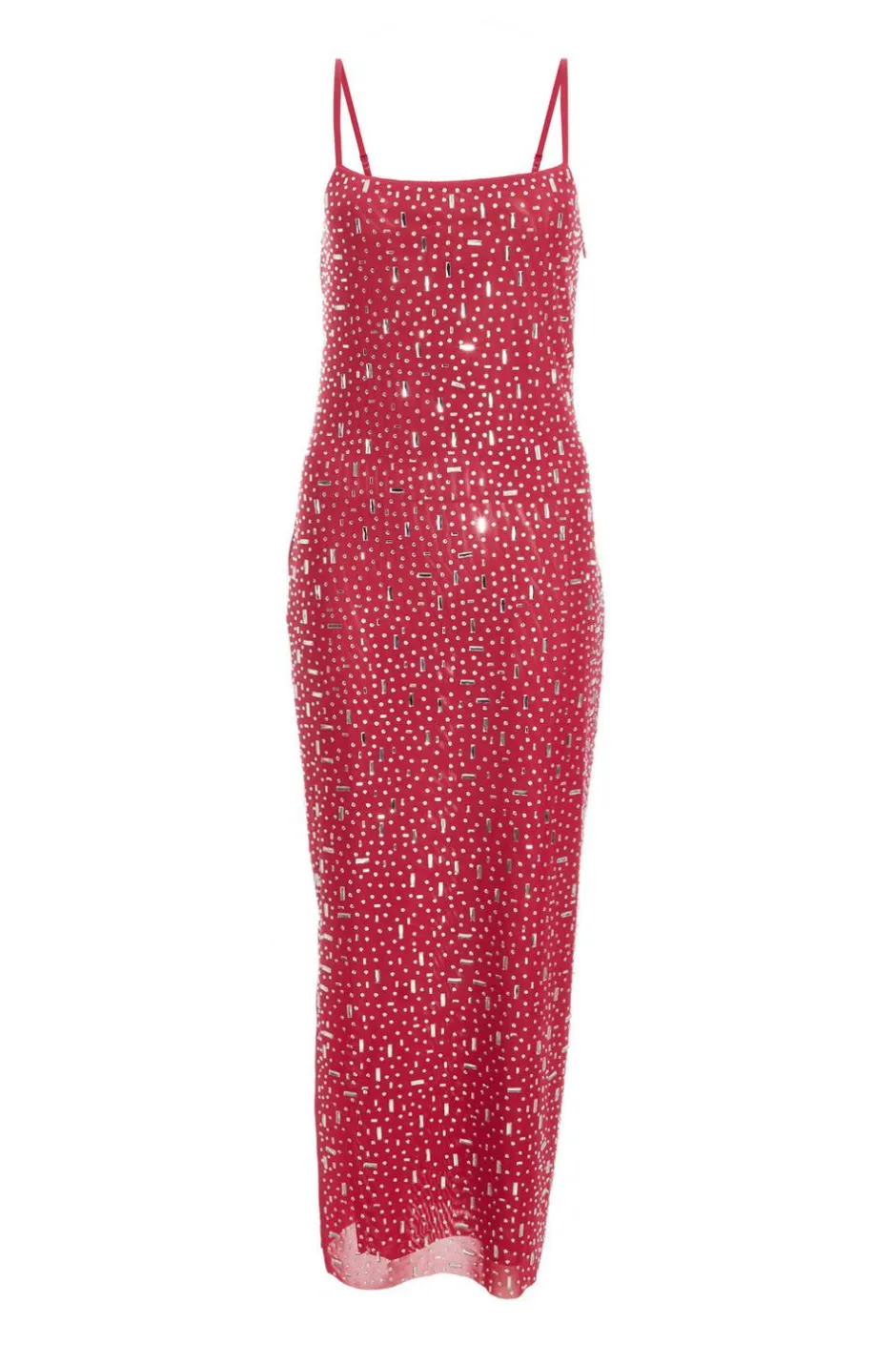 Quiz Square Neck Embellished Maxi Dress Pink Hot