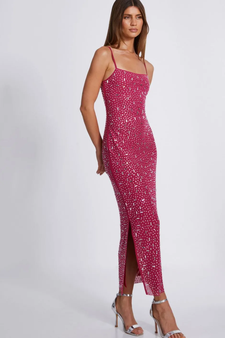 Quiz Square Neck Embellished Maxi Dress Pink Hot