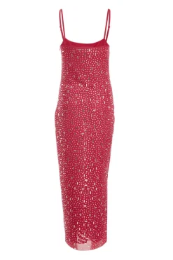 Quiz Square Neck Embellished Maxi Dress Pink Hot