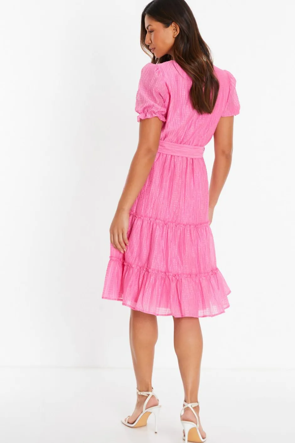 Quiz Pink Textured Frill Skater Midi Dress Outlet