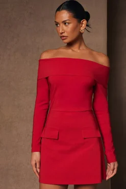 Quiz Red Bardot Long Sleeve Mini Dress Online