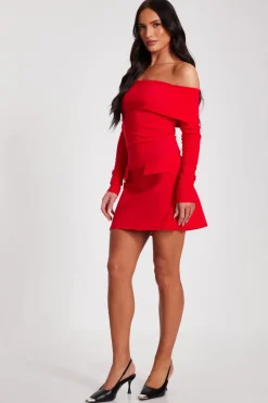 Quiz Red Bardot Long Sleeve Mini Dress Online