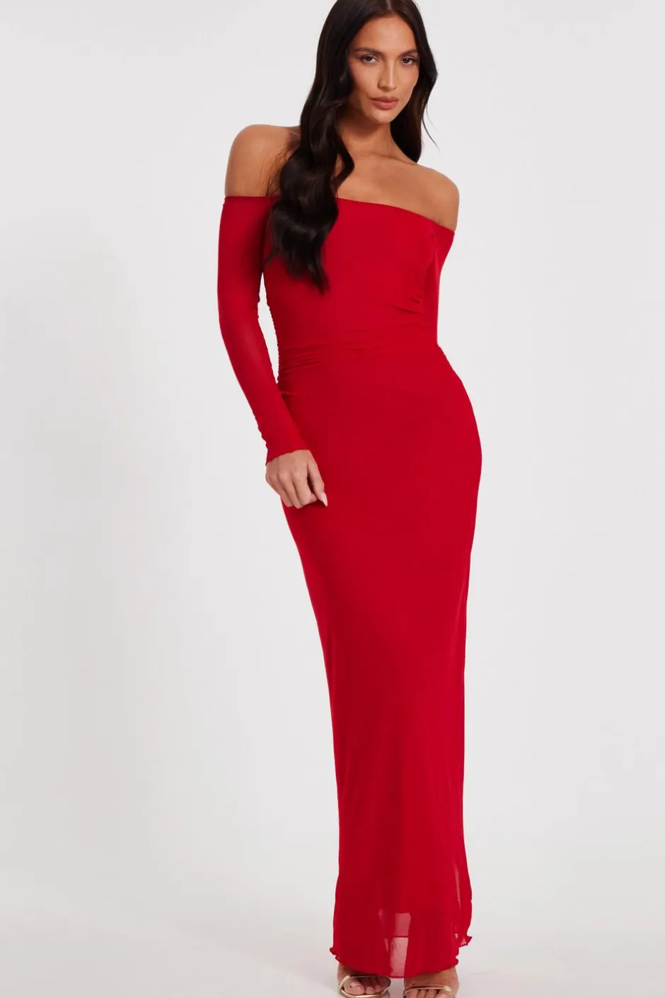 Quiz Red Bardot Mesh Midaxi Dress Online