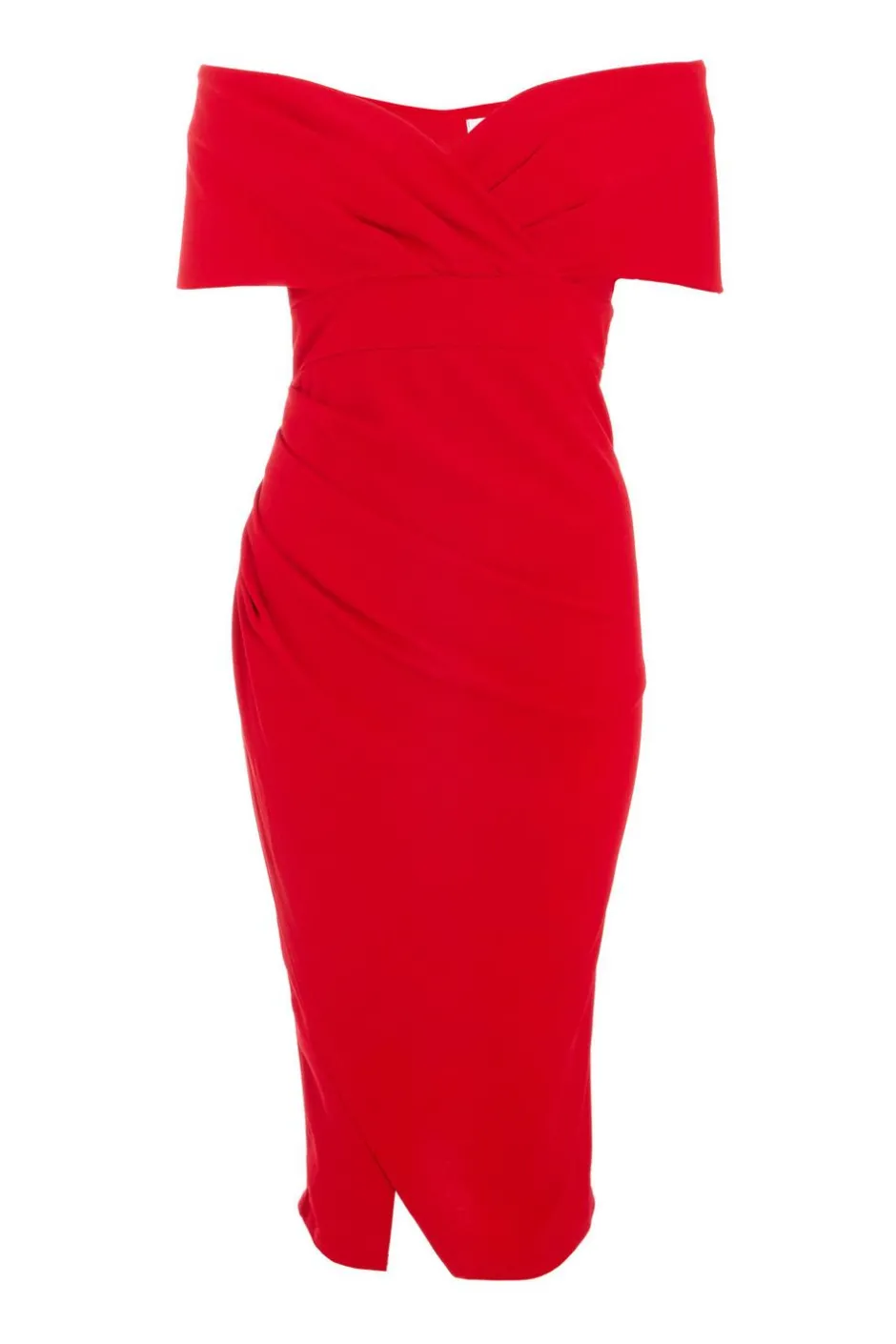 Quiz Red Bardot Ruched Wrap Midi Dress Discount