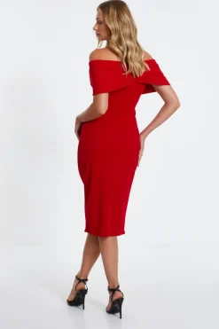 Quiz Red Bardot Ruched Wrap Midi Dress Discount