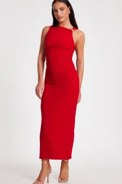 Quiz Red Buckle Detail Midaxi Dress Hot