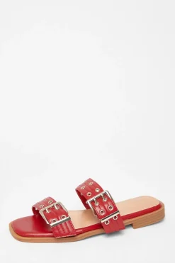 Quiz Buckle Flat Sandals Red Discount