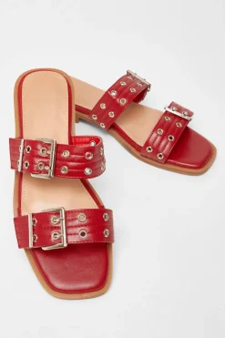 Quiz Buckle Flat Sandals Red Discount