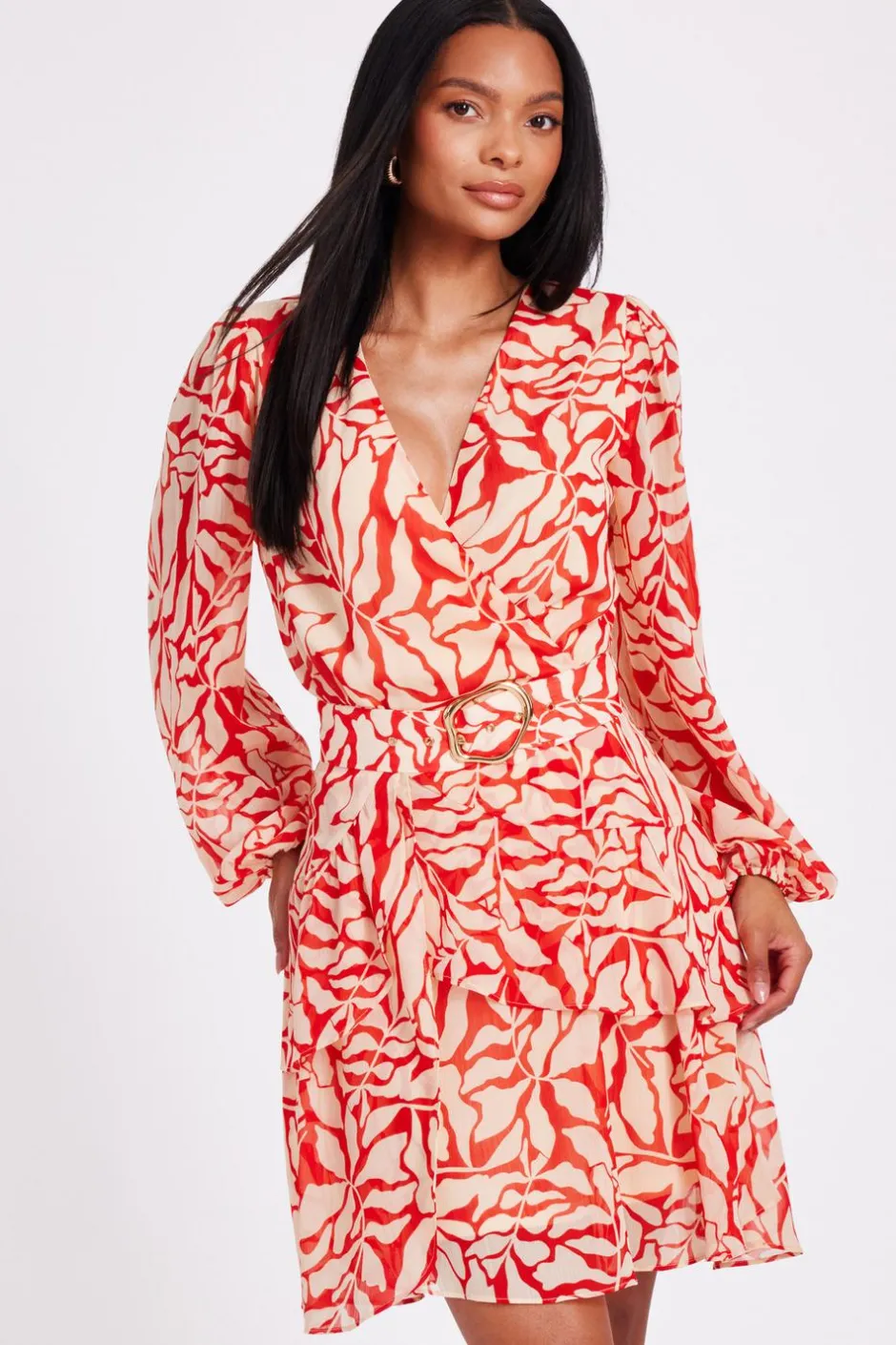 Quiz Red Chiffon Floral Skater Dress Hot