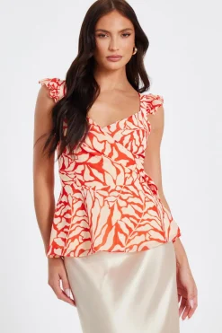 Quiz Red Chiffon Floral Tie Top Hot