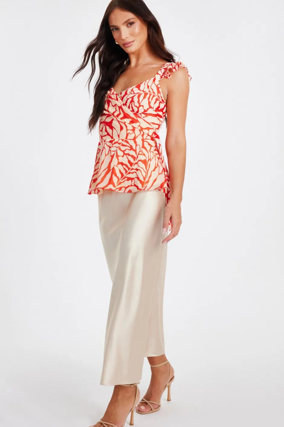 Quiz Red Chiffon Floral Tie Top Hot