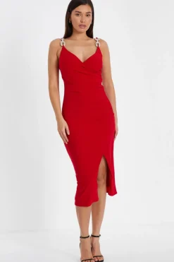 Quiz Diamante Strap Midi Dress Red Best
