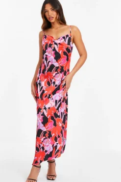 Quiz Red Floral Satin Midaxi Dress Outlet