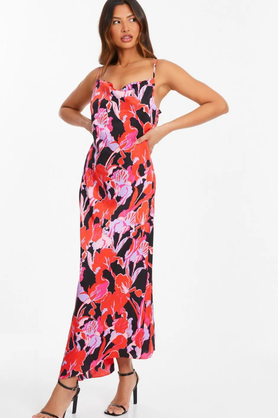 Quiz Red Floral Satin Midaxi Dress Outlet