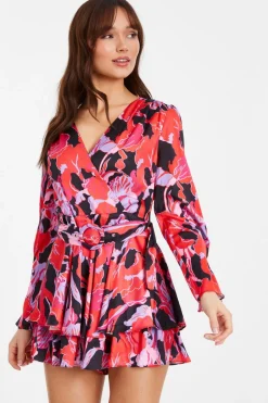 Quiz Red Floral Satin Wrap Playsuit Outlet