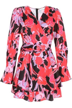Quiz Red Floral Satin Wrap Playsuit Outlet
