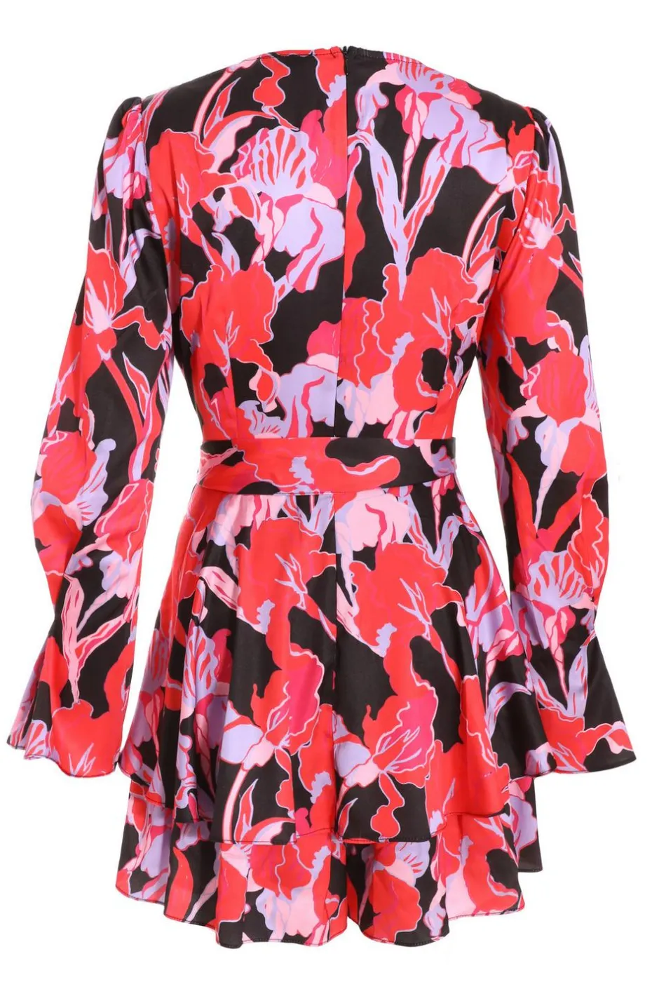 Quiz Red Floral Satin Wrap Playsuit Outlet