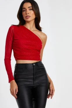 Quiz Red Glitter Mesh Crop Top Discount