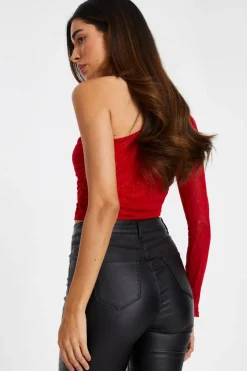 Quiz Red Glitter Mesh Crop Top Discount