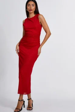 Quiz Glitter Mesh Midaxi Dress Red Online