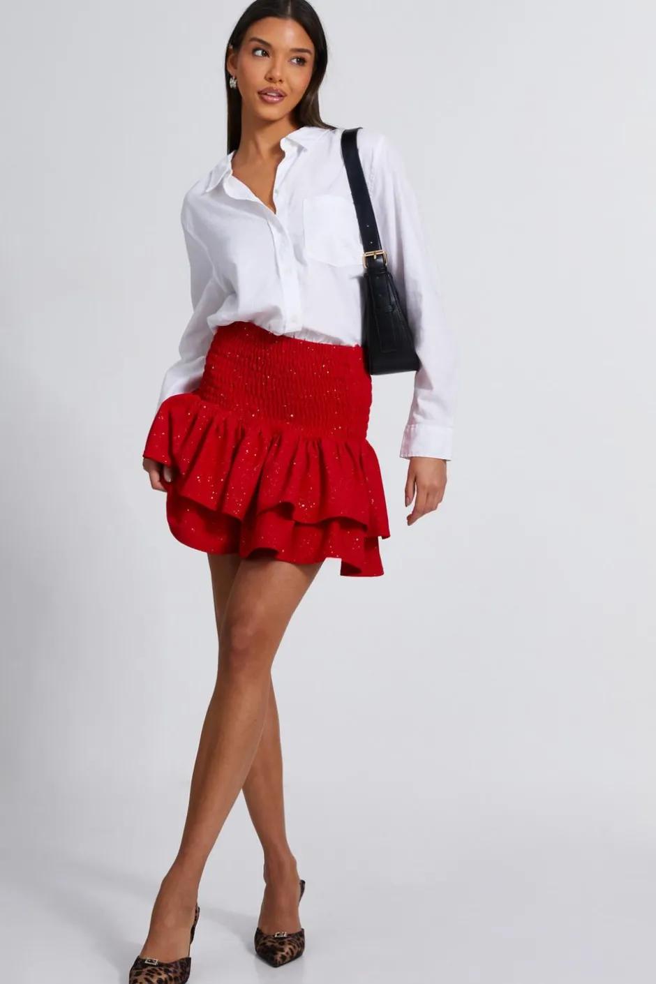 Quiz Glitter Shir Waist Skirt Red Discount