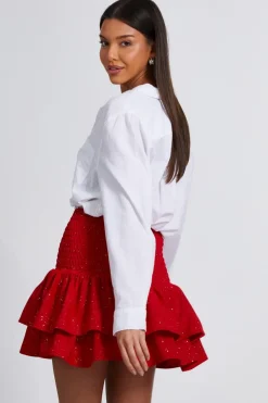 Quiz Glitter Shir Waist Skirt Red Discount