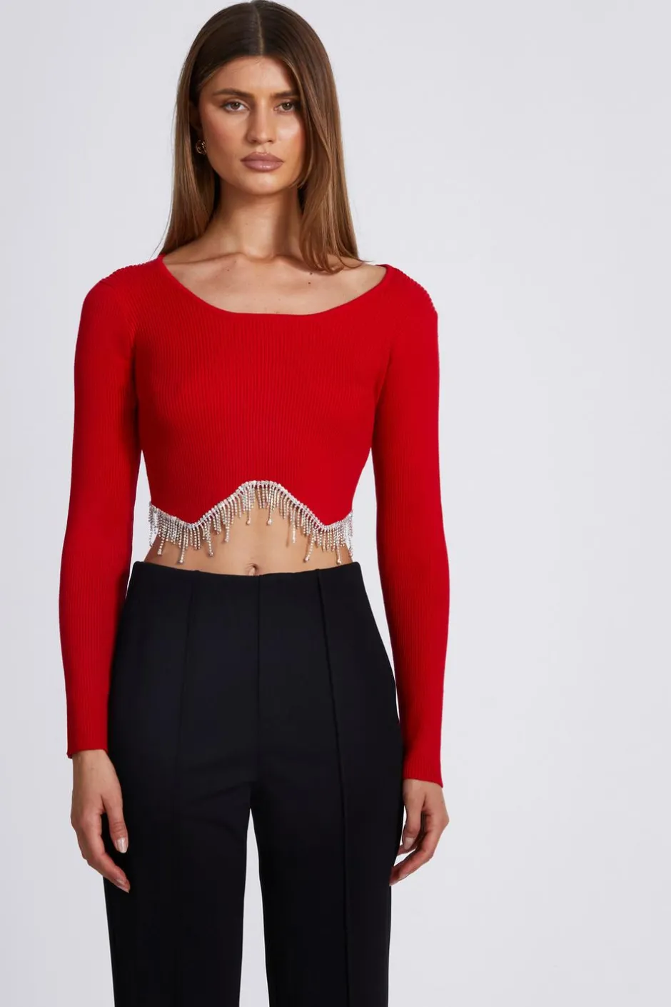 Quiz Knit Diamante Crop Top Red Online
