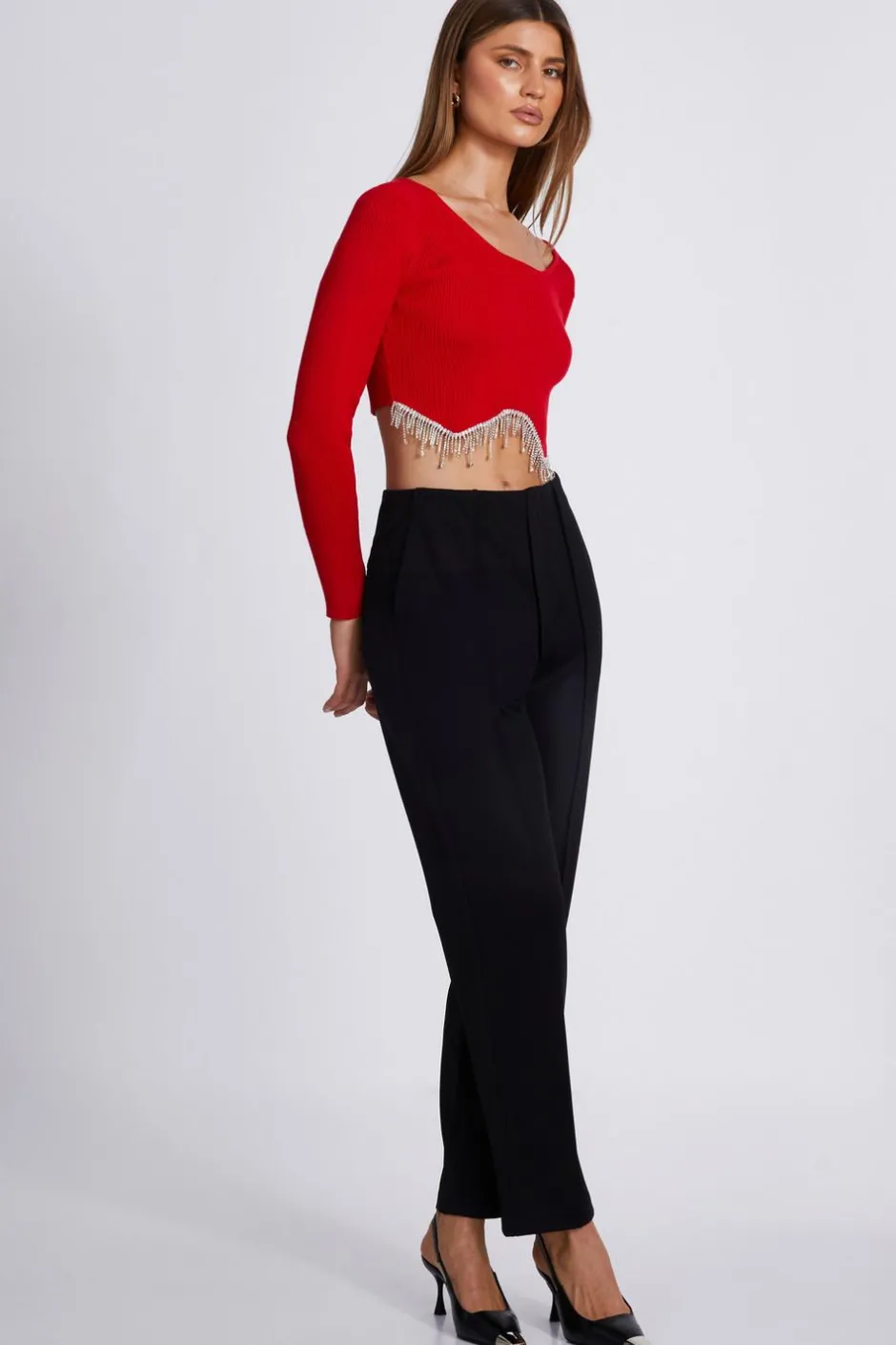 Quiz Knit Diamante Crop Top Red Online