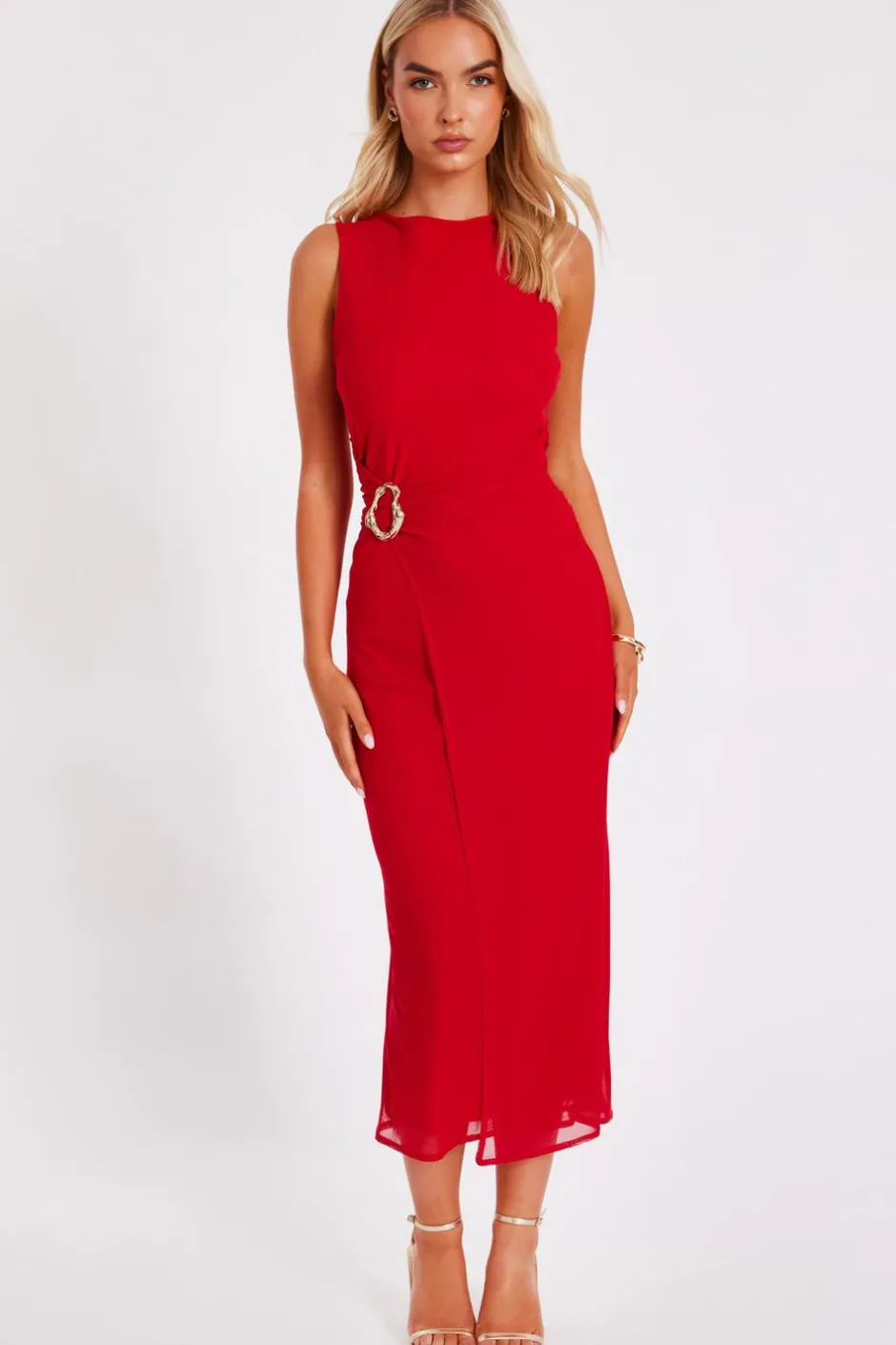 Quiz Mesh Buckle Midaxi Dress Red New