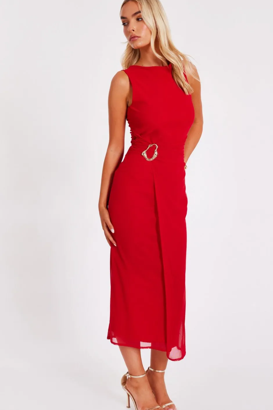 Quiz Mesh Buckle Midaxi Dress Red New