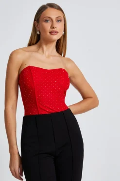 Quiz Red Mesh Embellished Bodysuit New