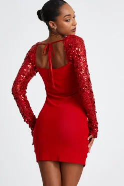 Quiz Red Mesh Embellished Sleeves Mini Dress New