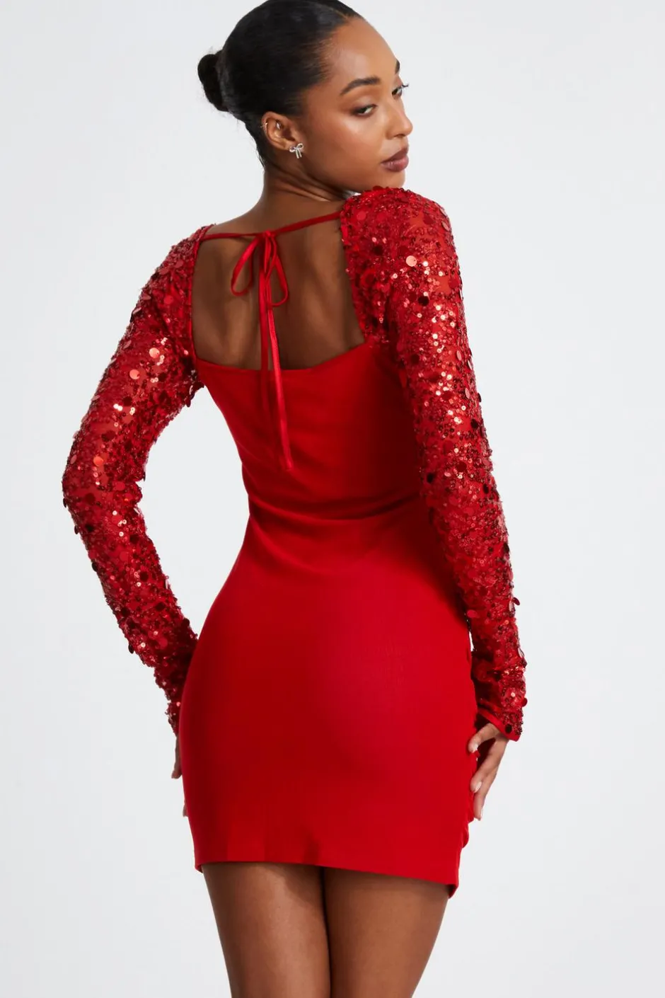 Quiz Red Mesh Embellished Sleeves Mini Dress New