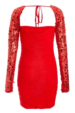 Quiz Red Mesh Embellished Sleeves Mini Dress New