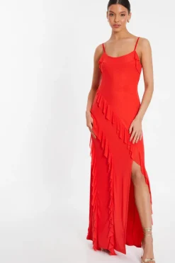 Quiz Red Mesh Ruffle Maxi Dress New