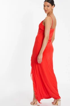 Quiz Red Mesh Ruffle Maxi Dress New