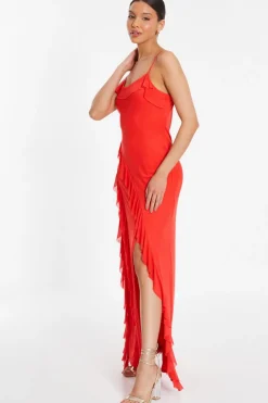 Quiz Red Mesh Ruffle Maxi Dress New
