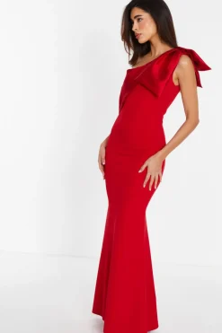 Quiz Red One Shoulder Bow Maxi Dress Discount