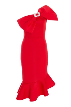 Quiz Red One Shoulder Bow Midi Dress Sale