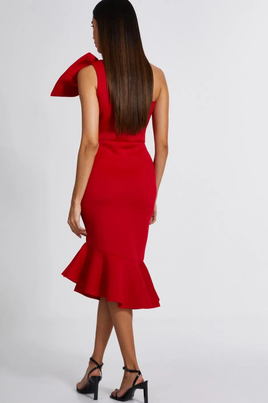Quiz Red One Shoulder Bow Midi Dress Sale