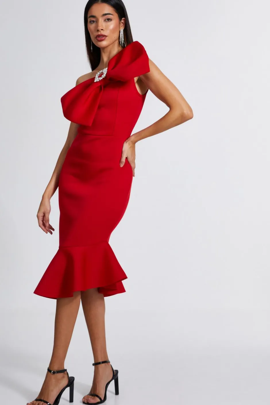 Quiz Red One Shoulder Bow Midi Dress Sale