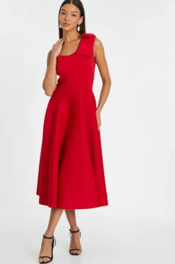 Quiz Red One Shoulder Bow Skater Midi Dress Discount