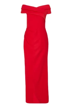 Quiz Pleated Bardot Maxi Dress Red Outlet