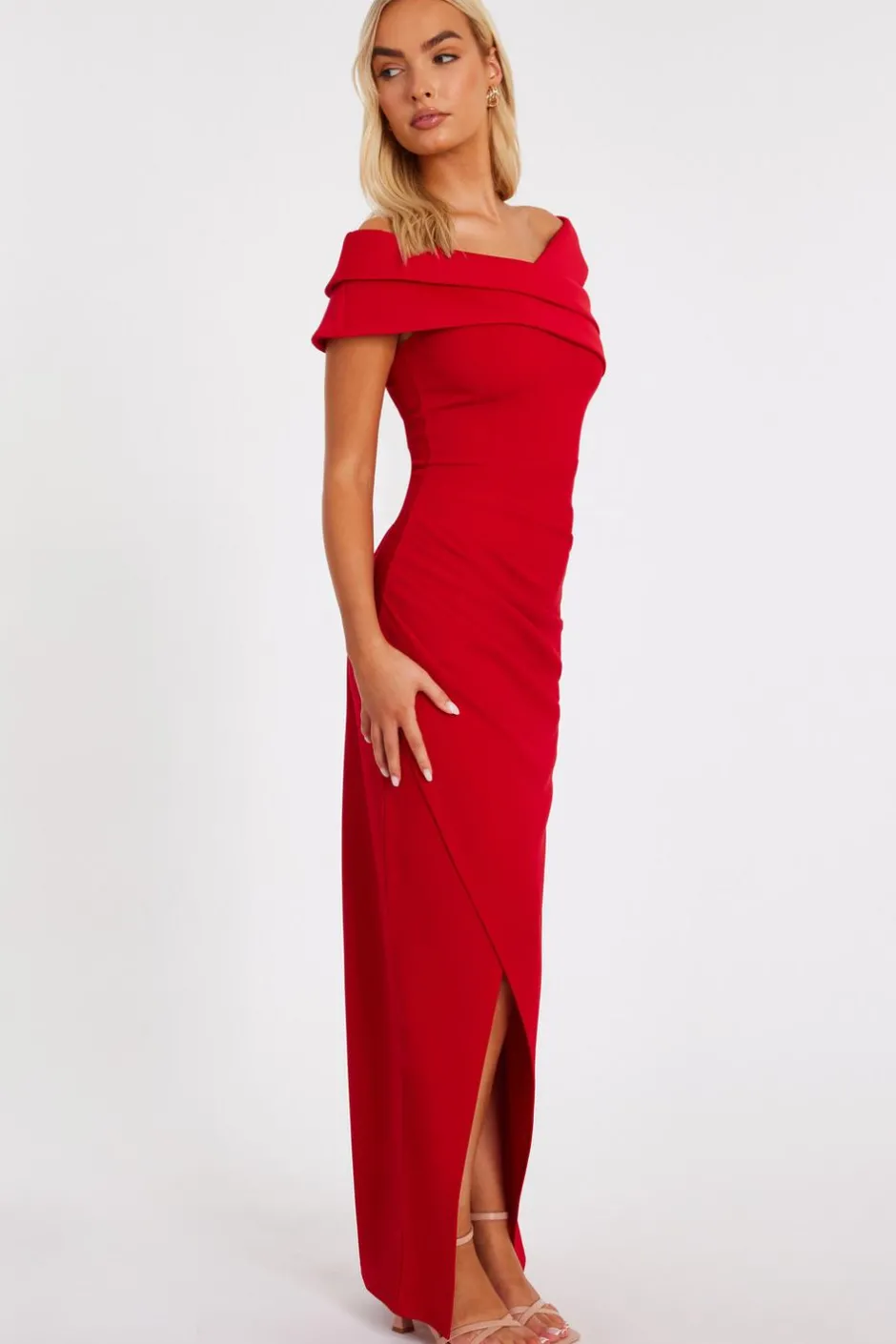 Quiz Pleated Bardot Maxi Dress Red Outlet