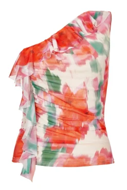 Quiz Red Printed Mesh Ruffle Top Best