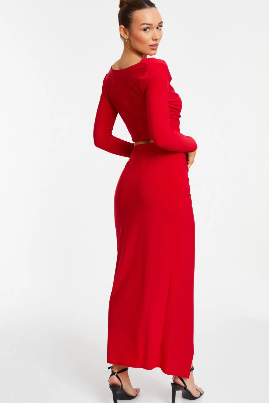Quiz Ruched Split Maxi Skirt Red Outlet