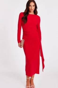 Quiz Red Ruffle Side Midi Dress New