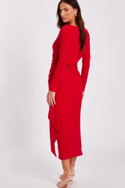 Quiz Red Ruffle Side Midi Dress New